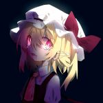  1girl bangs black_background black_vest blonde_hair blood blood_on_clothes blood_on_face bow bright_pupils commentary_request crying crying_with_eyes_open fang flandre_scarlet hair_between_eyes hat hat_bow highres looking_at_viewer medium_hair mob_cap one_side_up open_mouth pointy_ears red_bow red_eyes solo tears touhou upper_body vest violet_(qs312556616) white_headwear wings 