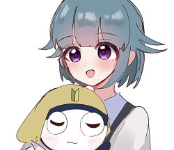  1boy 1girl :d blue_hair blush grey_sweater_vest highres holding keroro_gunsou nishizawa_momoka shiroiro_obake shirt shoshinsha_mark smile sweater_vest tamama violet_eyes white_background white_shirt 