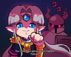  1girl bead_necklace beads black_dress blue_background blue_eyes bracer chibi commentary dress earrings english_text floating_earring grey_hair grin hand_up jewelry long_hair looking_at_viewer marikyuunn menacing_(jojo) necklace official_alternate_color phantom_(zelda) pointy_ears princess_zelda shaded_face smile smug solo_focus subtitled super_smash_bros. the_legend_of_zelda the_legend_of_zelda:_a_link_between_worlds triforce upper_body 