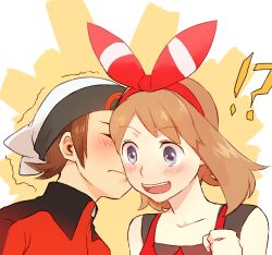 !? 1boy 1girl beanie blush bow_hairband brendan_(pokemon) brown_hair cheek_kiss closed_eyes grey_eyes hairband hat hetero kiss kissing_cheek light_brown_hair may_(pokemon) pokemon pokemon_oras surprised trembling tsukemon29 upper_body