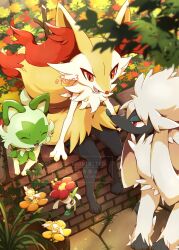  1other animal_ears braixen claws closed_eyes commentary fangs flabebe flabebe_(orange_flower) flabebe_(yellow_flower) floette fox_ears fox_tail furfrou furfrou_(natural) furry grass half-closed_eyes highres kechon-san open_mouth orange_eyes outdoors pokemon pokemon_(creature) red_eyes sitting smile sprigatito tail twitter_username 