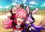  2girls :d beach bella_(honkai_impact) blue_eyes blue_sky clouds cloudy_sky dress fang frilled_dress frills gloves honkai_(series) honkai_impact_3rd long_hair looking_at_viewer maid maid_headdress multiple_girls one_eye_closed open_mouth pink_hair purple_hair rozaliya_olenyeva sand short_sleeves sky smile thanabis v violet_eyes white_gloves 