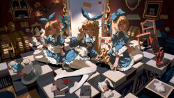  3girls absurdres alice_(black_souls) black_souls blue_bow blue_dress book bow card chessboard cup daughter_alice_(black_souls) dress frilled_dress frilled_sleeves frills hair_bow hair_ornament head_tilt highres holding_locket line_(pixiv_59740492) long_sleeves looking_at_viewer multiple_girls no_shoes one_eye_closed pantyhose plate playing_card puffy_short_sleeves puffy_sleeves rabbit_hair_ornament red_hood_(black_souls) short_sleeves sister_alice_(black_souls) sitting teacup violet_eyes white_pantyhose yokozuwari 