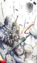  1girl absurdres arknights black_gloves commentary foot_out_of_frame gloves hammer highres holding holding_hammer holding_weapon hood hood_up jumpsuit long_sleeves mudrock_(arknights) mudrock_(elite_ii)_(arknights) sledgehammer solo standing tree_0404 weapon white_jumpsuit 