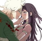  1boy 1girl apron bangs black_hair blush brown_hair danganronpa_(series) danganronpa_2:_goodbye_despair dosugon eye_contact finger_in_another&#039;s_mouth from_side green_jacket grey_background hood hood_down jacket komaeda_nagito long_hair looking_at_another mole mole_under_eye multicolored_hair pink_shirt puffy_short_sleeves puffy_sleeves saliva shirt short_sleeves simple_background teeth tsumiki_mikan two-tone_hair upper_body upper_teeth white_hair 