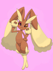  1girl :3 absurdres animal_ears black_sclera blush body_fur brown_fur closed_mouth colored_sclera commentary crossed_legs flat_chest full_body furry furry_female hands_up happy head_tilt highres legs looking_at_viewer lopunny one_eye_closed paw_pose pink_background pink_eyes pointy_ears pokemon pokemon_(creature) rabbit_ears rabbit_girl rabbit_tail short_tail simple_background smile solo standing tail thighs tofu_mochi two-tone_fur watson_cross yellow_fur 