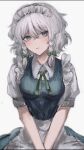  1girl apron bangs blue_dress blue_eyes blush bow bowtie braid breasts closed_mouth collar collared_shirt dress eyebrows_visible_through_hair eyes_visible_through_hair green_bow green_bowtie grey_background grey_hair hair_between_eyes hair_bow highres izayoi_sakuya looking_to_the_side maid maid_headdress medium_breasts puffy_short_sleeves puffy_sleeves rin_(rin7kan7) shirt short_hair short_sleeves silver_hair simple_background sitting smile solo teeth touhou twin_braids white_apron white_hair white_shirt 