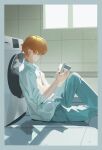  1boy bangs blue_pants book brown_hair closed_mouth filiaulcopt highres holding holding_book indoors luke_pearce_(tears_of_themis) on_floor pants polo_shirt reading shirt sitting sleeves_rolled_up solo sunlight tears_of_themis washing_machine white_shirt window 