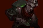  1boy arcane:_league_of_legends bangs bare_shoulders black_hoodie brown_eyes dark-skinned_male dark_skin ekko_(league_of_legends) hood hood_down hoodie league_of_legends looking_at_viewer male_focus pants red_background red_scarf scarf shiny shiny_hair short_hair simple_background smile solo solraka 