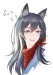  1girl absurdres animal_ear_fluff animal_ears blue_eyes cy9 dog_ears fangs grey_hair hair_between_eyes highres long_hair original red_lips red_scarf scarf simple_background smile solo white_background 