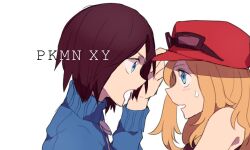  1boy 1girl bad_id bad_pixiv_id black_hair blue_jacket calem_(pokemon) copyright_name from_side hat jacket light_blush light_brown_hair looking_at_another momonanayuri open_mouth pokemon pokemon_xy red_hat serena_(pokemon) simple_background sweat upper_body white_background 