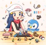  1girl :d azelf beanie bidoof black_shirt blush budew buneary chimchar commentary_request confetti hair_ornament hairclip handheld_game_console hat highres hikari_(pokemon) kino_(jewell_chang) long_hair mesprit nintendo_ds open_mouth piplup pokemon pokemon_(game) pokemon_bdsp red_scarf rotom rotom_(normal) scarf shinx shirt sleeveless sleeveless_shirt smile table tongue turtwig uxie white_headwear 