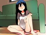  1girl absurdres bangs barefoot black_hair black_shorts blush bural_chingu couch green_panties hair_between_eyes highres indoors ju_hyeon-mi long_hair luke_(dydansgur) panties pantyshot parted_lips shirt short_shorts short_sleeves shorts sitting solo sweat underwear very_long_hair window yellow_eyes 