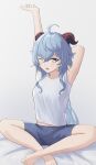  absurdres ahoge alternate_costume arm_behind_head arm_up bangs blue_hair eyebrows_visible_through_hair ganyu_(genshin_impact) genshin_impact highres horns long_hair looking_at_viewer navel outstretched_arms sidelocks sitting solo sozoroame violet_eyes waking_up 