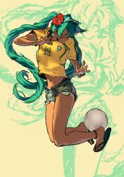  111papilio 1girl anklet bracelet brazilian_miku flip-flops flower hatsune_miku jersey sandals soccer_ball soccer_uniform sunglasses sunglasses_on_head twintails vocaloid 