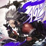  1boy au_ra dragon_horns final_fantasy final_fantasy_xiv fingerless_gloves gloves grey_eyes grey_hair highres holding holding_weapon horns mask mask_removed official_art purple_nails scales short_hair signature solo weapon wrist_guards 