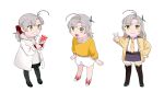  1girl absurdres alternate_costume black_footwear black_legwear casual chibi coat eyebrows_visible_through_hair full_body green_eyes grey_hair hair_ribbon highres jacket kantai_collection kinugasa_(kancolle) long_sleeves looking_at_viewer looking_down multiple_views ojipon one_side_up pants party_popper ribbon sandals simple_background smile standing v white_background 