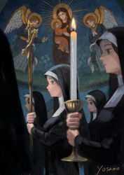  5girls angel angel_wings candle catholic christianity church closed_mouth cross dress expressionless fire habit highres holding holding_cross indoors jesus multiple_girls mural nun original signature virgin_mary wings yosano 