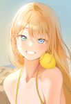  1girl absurdres bangs bikini blue_eyes character_request collarbone copyright_request day earrings food fruit grin hair_between_eyes head_tilt highres jewelry lemon long_hair looking_at_viewer outdoors reel_(riru) sky smile solo strap_gap swimsuit upper_body yellow_bikini 