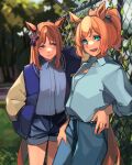  2girls absurdres animal_ears aqua_eyes blue_eyes blurry blurry_background brown_hair casual chain-link_fence collared_shirt depth_of_field ear_ribbon eyebrows_visible_through_hair fence fuyukayui grass_wonder_(umamusume) hand_in_pocket high_ponytail highres horse_ears horse_girl horse_tail jacket letterman_jacket light_brown_hair long_hair looking_at_viewer multicolored_hair multiple_girls pants shirt shorts taiki_shuttle_(umamusume) tail two-tone_hair umamusume 