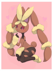  1girl :3 absurdres animal_ears animal_feet animal_nose black_pantyhose black_sclera black_sports_bra blush body_fur border brown_fur closed_mouth colored_sclera commentary flat_chest full_body furry furry_female hand_up heart heart_background highres index_finger_raised kneeling looking_at_viewer lopunny mega_lopunny mega_pokemon pantyhose pink_background pink_eyes pointy_ears pokemon pokemon_(creature) rabbit_ears rabbit_girl rabbit_tail short_tail simple_background skindentation solo sports_bra tail tofu_mochi torn_clothes torn_pantyhose two-tone_fur white_border yellow_fur 