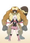  1girl bare_shoulders beanie bibarel black_eyes black_hair black_legwear black_shirt boots brown_background commentary_request gradient gradient_background hair_ornament hairclip hat highres hikari_(pokemon) holding holding_poke_ball kneehighs long_hair muscular muscular_male pink_footwear pink_skirt poke_ball poke_ball_(basic) pokemon pokemon_(creature) pokemon_(game) pokemon_bdsp red_scarf scarf shirt skirt sky-freedom sleeveless sleeveless_shirt standing white_background white_headwear 