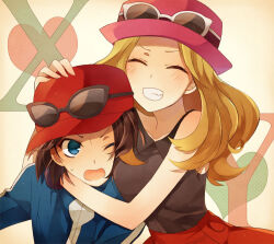  1boy 1girl bad_id bad_pixiv_id black_hair black_shirt blue_eyes blue_jacket blush calem_(pokemon) closed_eyes collarbone collared_shirt eyewear_on_headwear h_lala hat heart hug jacket light_brown_hair one_eye_closed open_mouth pink_hat pokemon pokemon_xy serena_(pokemon) shirt sunglasses upper_body 