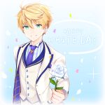 1boy arthur_pendragon_(fate) arthur_pendragon_(marchen_madchen) blonde_hair buttons confetti eyebrows_visible_through_hair fate/grand_order fate/prototype fate_(series) flower garcon_meteor green_eyes hair_between_eyes male_focus necktie open_mouth purple_necktie rose shirt short_hair smile solo sparkle striped striped_shirt suit_jacket teeth tie_clip upper_body vertical-striped_shirt vertical_stripes white_day white_flower white_rose 