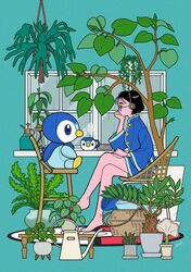  1girl bangs bare_legs barefoot basket black_hair blue_jacket chair commentary_request crossed_legs cup flower_pot from_side glasses hand_on_own_thigh hand_up hanging_plant headphones jacket komayama_akira mug original piplup plant pokemon potted_plant shiny shiny_hair short_hair signature sitting watering_can window 