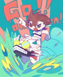  1boy 1girl alternate_form ayase_momo black_choker bra brown_eyes brown_hair choker clenched_teeth clothed_female_nude_male commentary_request dandadan earrings english_text facial_mark full_body glasses hair_between_eyes highres jewelry kai_(huikuai2) mask mouth_mask nude open_mouth panties pointing pointing_forward round_eyewear short_hair standing_on_person surfing takakura_ken_(dandadan) teeth transformation underwear v-shaped_eyebrows water white_bra white_hair white_panties 