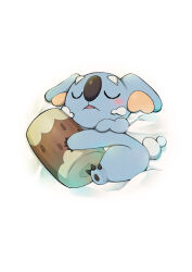  absurdres animal_focus bed_sheet blush claws closed_eyes commentary english_commentary from_above full_body highres hugging_object komala log lying no_humans on_side open_mouth pawpads pokemon pokemon_(creature) simple_background sleeping solo u_u white_background yurugasehiwazu 