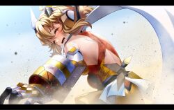  1girl arm_guards back back_cutout blood blood_from_mouth breasts closed_eyes clothing_cutout dirty dust elbow_gloves from_behind gloves hair_ornament hairclip hand_on_wound headgear highres injury leotard light_brown_hair looking_at_viewer looking_back nyanmaru open_mouth orange_leotard scarf scratches senki_zesshou_symphogear short_hair small_breasts smile solo tachibana_hibiki_(symphogear) torn_clothes white_gloves white_scarf 