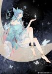  1girl absurdres anklet bare_legs blue_dress blue_hair bug butterfly douluo_dalu dress highres jewelry legs long_hair moon qing_xixixixixizi_w sitting_on_moon staring tang_wutong_(douluo_dalu) 