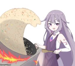 1girl absurdres apron cooking dress fire flipping_food food fried_rice fried_rice_prank_(meme) gem_hair_ornament grey_hair highres hololive hololive_english jewel_under_eye koseki_bijou long_hair meme open_mouth purple_apron raised_eyebrows simple_background solo violet_eyes virtual_youtuber white_background white_dress white_sleeves wok xuuprotocol 