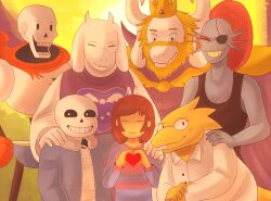 1other 2015 2d 3boys 3girls alphys ambiguous_gender anthro asgore_dreemurr azurite-draws beard black_pants blonde_hair blue_jacket blue_shirt blue_shorts blue_skin brothers brown_hair bunny_ears_prank cape digital_media everyone facial_hair female fish fish_girl floppy_ears frisk_(undertale) fur furry furry_female furry_male glasses gloves goat goat_boy goat_ears goat_girl goat_horns hair hand_on_another&#039;s_shoulder horns human humanoid jacket lizard lizard_girl long_hair male mammal monster monster_boy monster_girl multiple_boys multiple_girls outdoors pants papyrus_(undertale) pink_stripes ponytail red_cape red_gloves red_hair reptile reptile_girl sans_(undertale) scalie short_hair shorts skeleton sky striped striped_shirt sunset toriel undead undertale undyne upper_body v white_fur white_horns yellow_skin