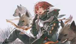  1girl absurdres arknights black_gloves black_jacket black_pants chinese_commentary commentary_request crownslayer_(arknights) dopperu_ben elbow_gloves fingerless_gloves gloves grass highres hood hood_down hooded_jacket hyena hyena_ears hyena_girl jacket looking_at_viewer open_clothes open_jacket open_mouth pants red_eyes redhead short_hair sitting sleeves_past_elbows solo teeth torn_clothes torn_pants upper_teeth_only 