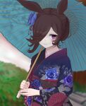  1girl alternate_hairstyle animal_ears bangs blue_flower blue_rose blurry blurry_background blush brown_hair closed_mouth commentary_request dot_nose floral_print flower hair_flower hair_ornament hair_over_one_eye highres holding holding_umbrella horse_ears japanese_clothes kimono long_sleeves looking_down obi oil-paper_umbrella rice_shower_(umamusume) rose sash short_hair solo tamamuko umamusume umbrella upper_body violet_eyes wide_sleeves 