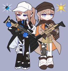  2girls baseball_cap beanie black_coat black_leggings blonde_hair blue_eyes blue_gloves bodysuit brown_coat brown_gloves closed_mouth coat deformed expressionless full_body girls_frontline gloves grey_background hat highres knee_pads lamarr_art leggings long_hair long_sleeves moon multiple_girls optical_sight scar-h_(girls'_frontline) scar-l_(girls'_frontline) scope sidelocks simple_background single_knee_pad smile standing sun turtleneck turtleneck_bodysuit zipper zipper_pull_tab 