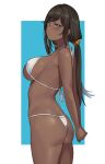  1girl arms_behind_back ass bikini black_hair blue_eyes blush border breasts closed_mouth cowboy_shot dark-skinned_female dark_skin from_side hai_ookami hair_ornament hair_scrunchie halterneck large_breasts long_hair looking_at_viewer low_twintails original own_hands_together scrunchie sideboob solo string_bikini swimsuit tan twintails white_bikini white_border 