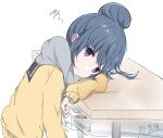  1girl annoyed arm_at_side arm_support bangs blue_hair bored closed_mouth commentary_request core_(mayomayo) dated hair_bun long_hair looking_at_viewer sailor_collar scarf school_uniform shima_rin sitting solo sweater table violet_eyes white_background yellow_sweater yurucamp 