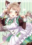  :3 :d ;d absurdres animal_ear_fluff animal_ears apron arms_up bow bowtie brown_hair cat_ears commentary_request dress extra_ears eyebrows_visible_through_hair frilled_dress frills green_background green_neckwear hair_ornament heart highres long_hair long_sleeves love_live! love_live!_school_idol_project maid maid_headdress minami_kotori one_eye_closed paw_pose puffy_sleeves ranemu smile striped striped_background wrist_cuffs x_hair_ornament yellow_eyes 