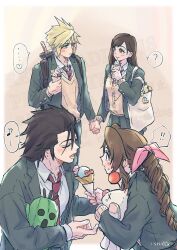  ! ... 2boys 2girls ? aerith_gainsborough backpack bag black_hair blonde_hair blue_eyes blue_jacket blue_skirt blush braid braided_ponytail brown_hair buster_sword cardigan chocobo closed_eyes cloud_strife collared_shirt couple doll earrings feeding final_fantasy final_fantasy_vii food food_on_face hair_ribbon heart highres holding holding_doll holding_hands holding_ice_cream_cone ice_cream_cone jacket jewelry long_hair long_sleeves looking_at_another moogle multiple_boys multiple_girls musical_note necktie ninnin5tora open_clothes open_jacket open_mouth pink_ribbon pleated_skirt red_eyes red_necktie ribbon sabotender school_uniform shirt short_hair single_earring skirt spiky_hair spoken_ellipsis spoken_exclamation_mark spoken_heart spoken_musical_note spoken_question_mark tifa_lockhart tongue tongue_out upper_body white_shirt zack_fair 