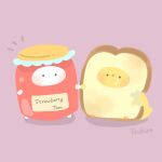  animal animal_focus artist_name bird bread_slice chibi chick food food_focus friends fruit ghost halloween highres holding_hands jam jar no_humans original pink_background simple_background strawberry toast tsukune 