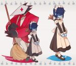  1boy 1other alternate_costume apron bangs black_dress black_footwear blue_hair blue_skin broom closed_mouth colored_skin commentary_request deltarune dress enmaided feather_duster holding holding_broom holding_tray kris_(deltarune) maid maid_headdress multiple_views necktie red_necktie senjochi_janai shaded_face short_hair simple_background standing swatchling_(deltarune) tray twitter_username white_apron white_legwear 