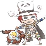  2boys armor black_bow blonde_hair bow character_print chibi closed_mouth commentary_request dieter_(ragnarok_online) faceless faceless_male flask full_body genetic_(ragnarok_online) ghost gloves grin hat hat_bow living_clothes looking_to_the_side male_focus mask masked masquerade_mask midriff multiple_boys natsuya_(kuttuki) pants pauldrons pointing_to_the_side ragnarok_online redhead round-bottom_flask shoes short_hair shoulder_armor simple_background smile standing teeth top_hat whisper_(ragnarok_online) white_background white_footwear white_gloves white_headwear white_pants 
