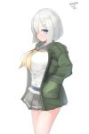  1girl absurdres blue_eyes breasts dated gloves green_jacket grey_sailor_collar grey_skirt hair_ornament hair_over_one_eye hairclip hamakaze_(kancolle) hand_in_pocket highres jacket kantai_collection large_breasts looking_at_viewer maru_(marg0613) neckerchief one-hour_drawing_challenge pleated_skirt sailor_collar school_uniform serafuku short_hair silver_hair simple_background skirt solo twitter_username white_background white_gloves yellow_neckerchief 