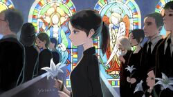  4boys 6+girls absurdres angel backlighting black_hair child christianity church closed_mouth expressionless flower formal_clothes from_side funeral grey_hair highres holding holding_flower indoors jesus lily_(flower) multiple_boys multiple_girls necktie original ponytail profile signature stained_glass suit window yosano 