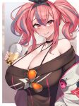  1girl azur_lane bangs bare_shoulders black_nails black_sweater breasts bremerton_(azur_lane) bubble_tea choker commentary cup disposable_cup drinking_straw eyebrows_visible_through_hair eyelashes hair_between_eyes highres holding holding_cup huge_breasts jacket kuavera licking_lips mole mole_on_breast mole_under_eye multicolored_hair nail_polish open_clothes open_jacket pink_hair solo streaked_hair sunglasses sweater tinted_eyewear tongue tongue_out twintails upper_body white_jacket 