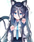  1girl animal_ears arisu_(blue_archive) blue_archive blue_eyes blush cat_ears cat_tail commentary_request dark_blue_hair halo headband highres long_hair looking_at_viewer necktie nekomimi_mode_(tsukuyomi) paw_pose school_uniform sese_nagi smile solo tail white_background 
