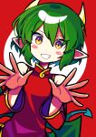  1girl absurdres blush blush_stickers brown_eyes china_dress chinese_clothes detached_sleeves draco_centauros dragon_girl dragon_horns dragon_tail dress green_hair grin highres horns long_sleeves looking_at_viewer offbeat parted_lips pointy_ears puyopuyo red_dress short_hair smile solo tail teeth upper_body 